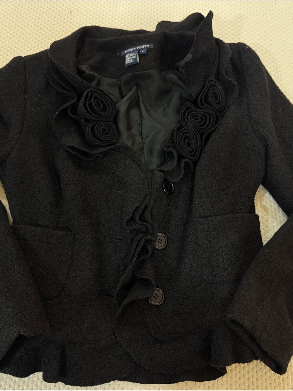Boston Proper Black Ruffle Rose-Trim Wool Jacket